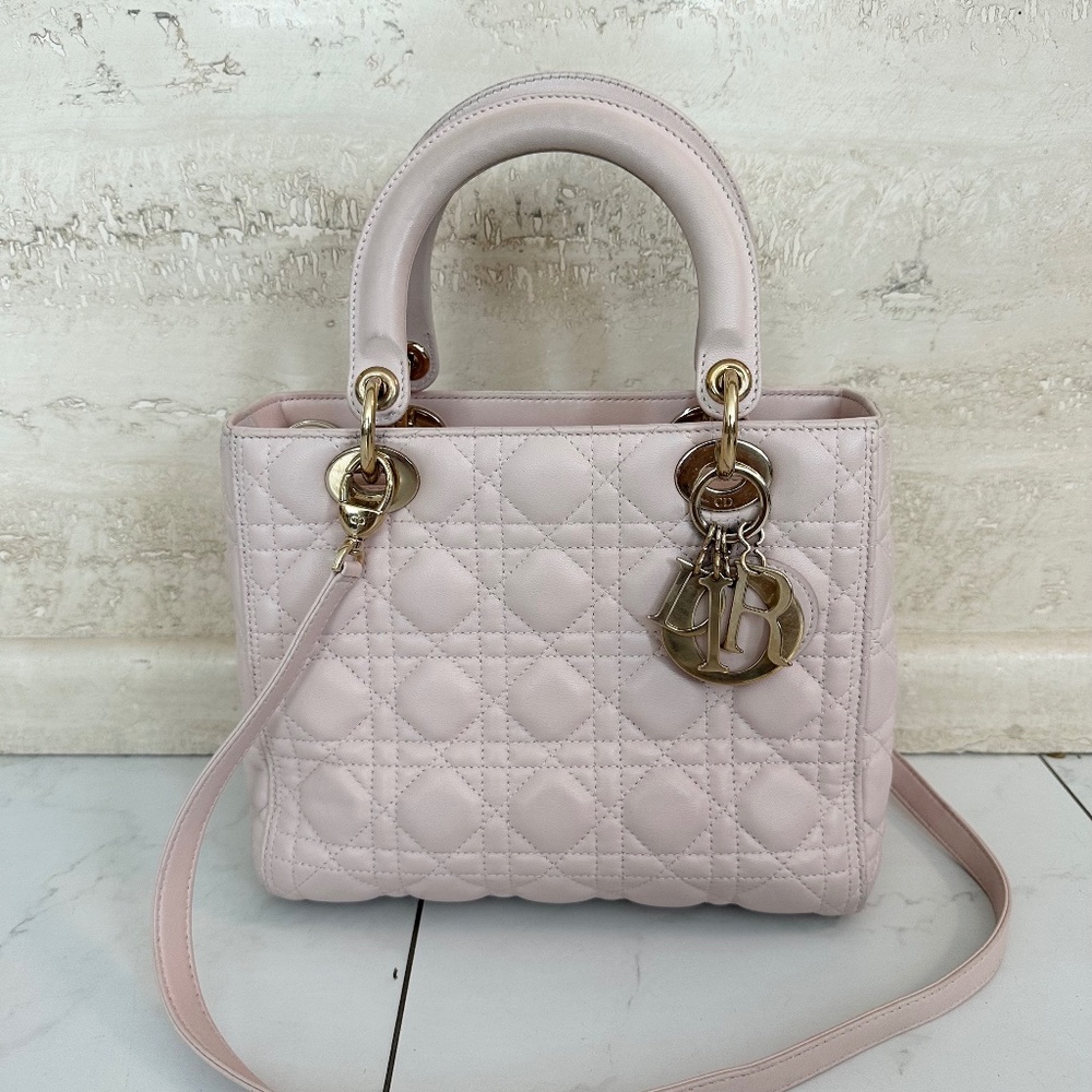 CHRISTIAN DIOR Lambskin Cannage Medium Lady Dior Rose Poudre